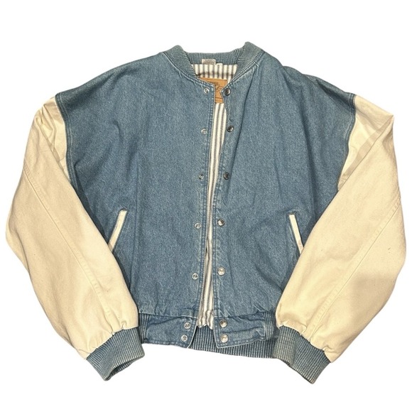 Vintage International Denim Bomber Jacket  Mens L White Sleeves Ribbed Collar - Picture 3 of 6